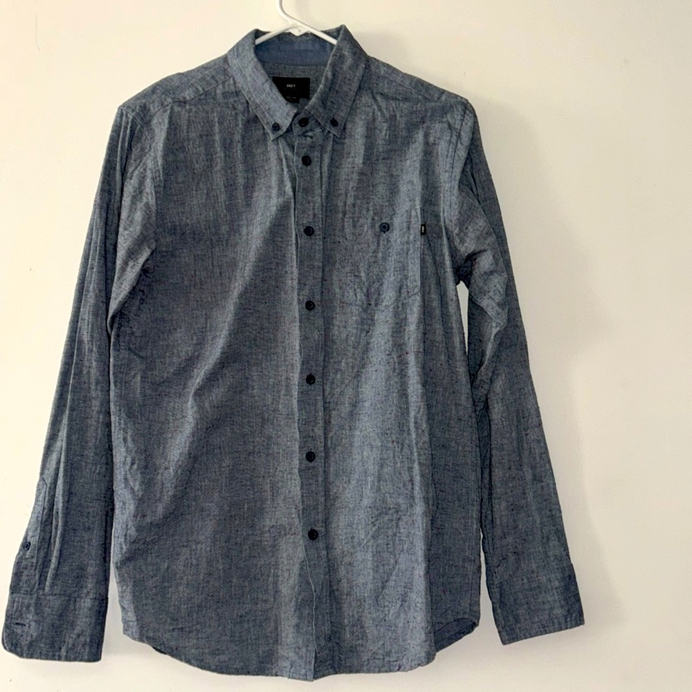 Obey Blue Gray Denim Button Down Shirt Men’s Small Cotton Long Sleeve